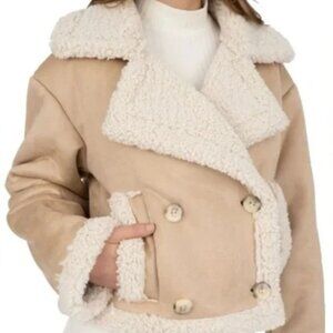 NWT FRYE Women's Faux Suede Shearling Tan Moto Jacket Medium Retails $175.